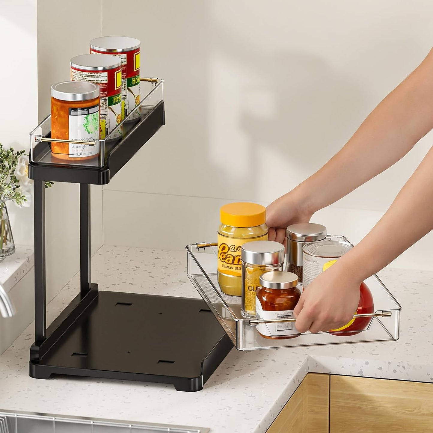 heart & home 1-Pack Under Sink Storage Organizer for Kitchen & Bathroom Cabinets with Removable Washable Tray, Tool-Free Assembly – Multi-Purpose for Kitchen Countertop, Vanity, & Laundry Room，Black