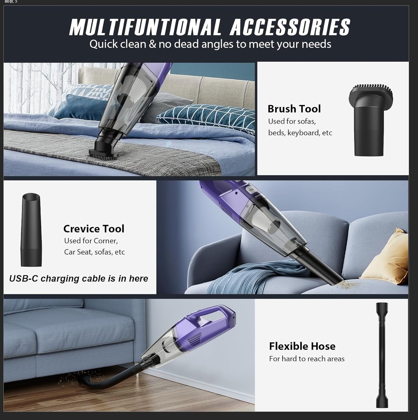 Handheld Vacuum Cordless – Car Vac Portable with 8KPA & Multi Accessories & Low Noise, Lightweight Hand Held Vacuum Cordless Rechargeable for Car/Home/Dust/Pet Hair, Mine Portable Vacuum