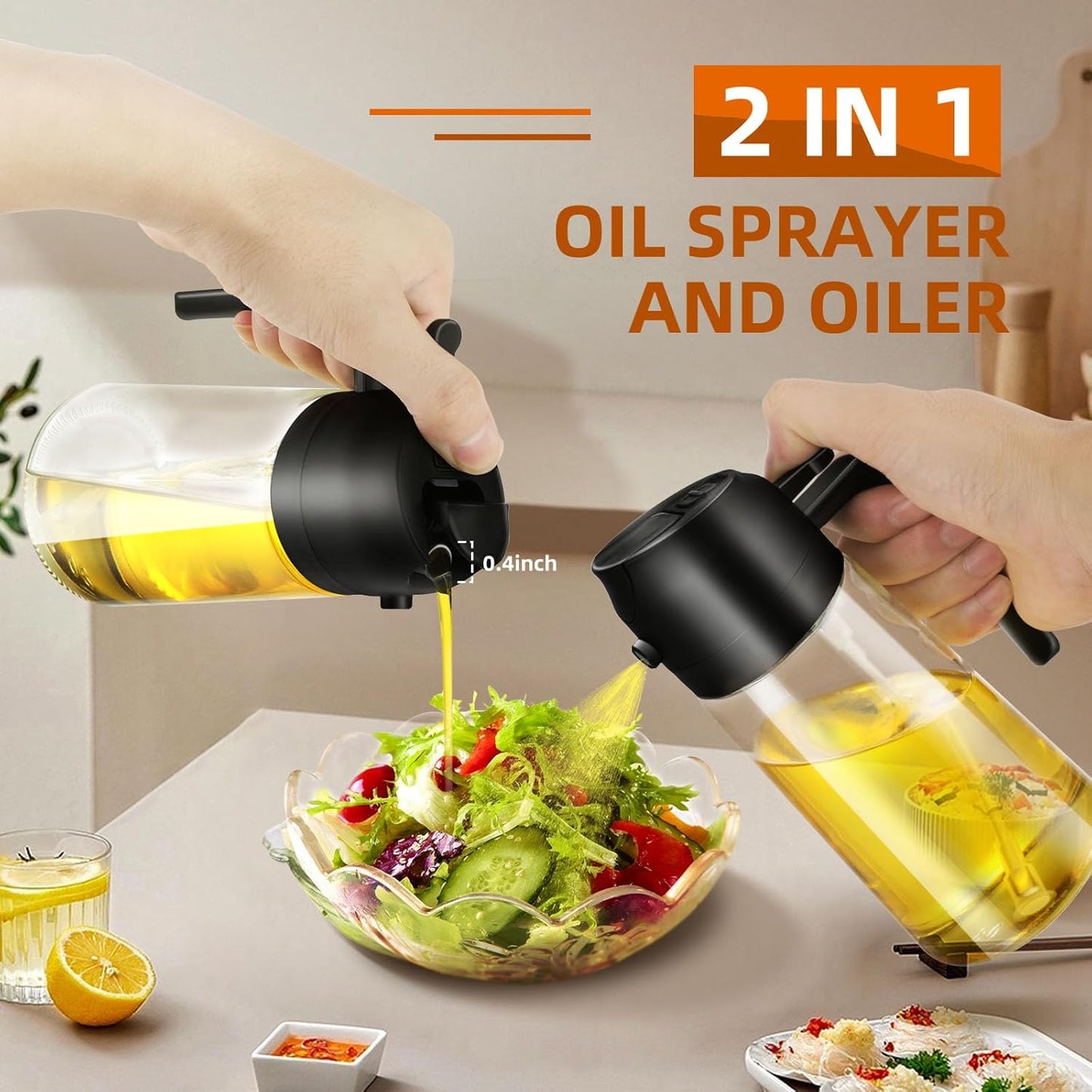 2-in-1 Glass Oil Dispenser & Sprayer - 16oz/470ml Leakproof Bottle for Cooking, Air Fryer, BBQ, Baking, Salad (Transparent Black 2PCS)