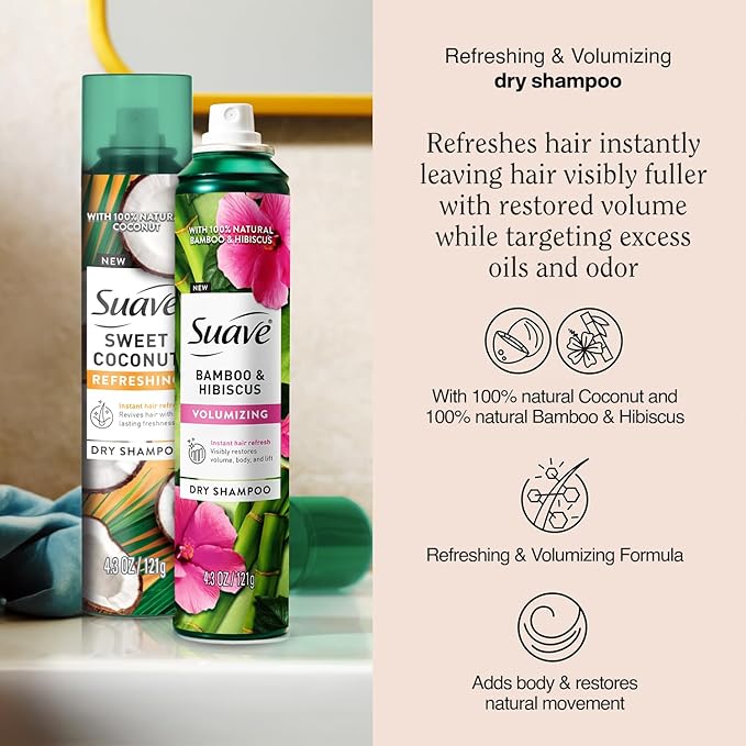Suave+ Dry Shampoo Spray Variety 2-Pack – Volumizing Bamboo & Hibiscus, Refreshing Sweet Coconut, 4.3 Oz Ea