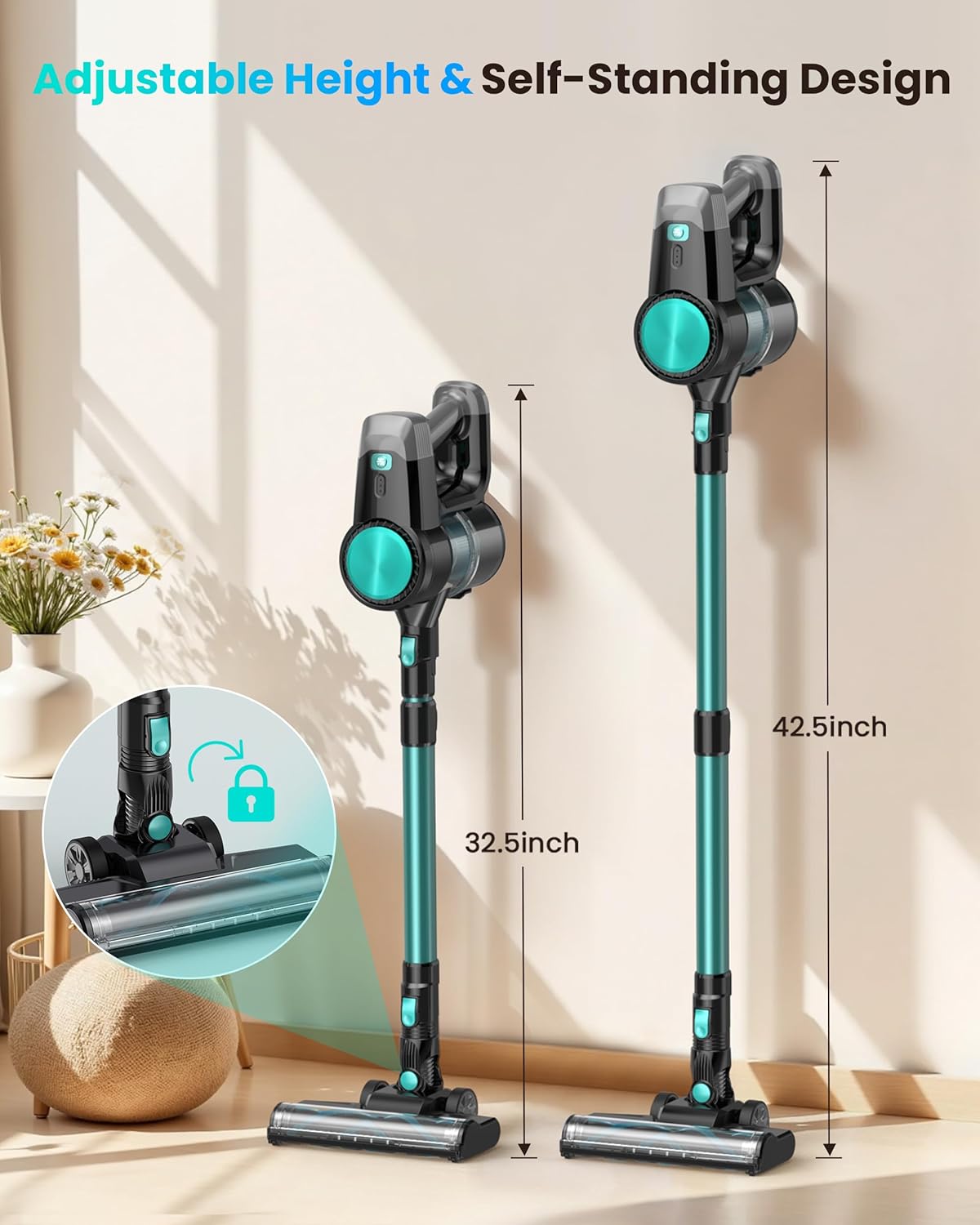 N3T Cordless Vacuum Cleaner,Wireless Stick Vacuum with 40mins Runtime,Self-Standing,Anti-Tangle Brush,Rechargeable Lightweight Vacuum Cleaner for Home,Hardwood Floor,Pet Hair, Carpet-Green