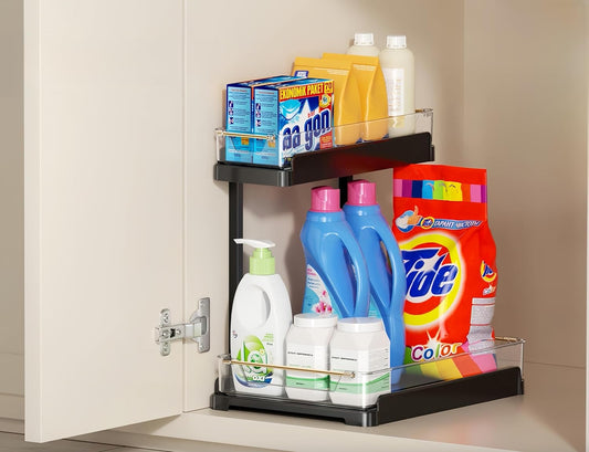 heart & home 1-Pack Under Sink Storage Organizer for Kitchen & Bathroom Cabinets with Removable Washable Tray, Tool-Free Assembly – Multi-Purpose for Kitchen Countertop, Vanity, & Laundry Room，Black