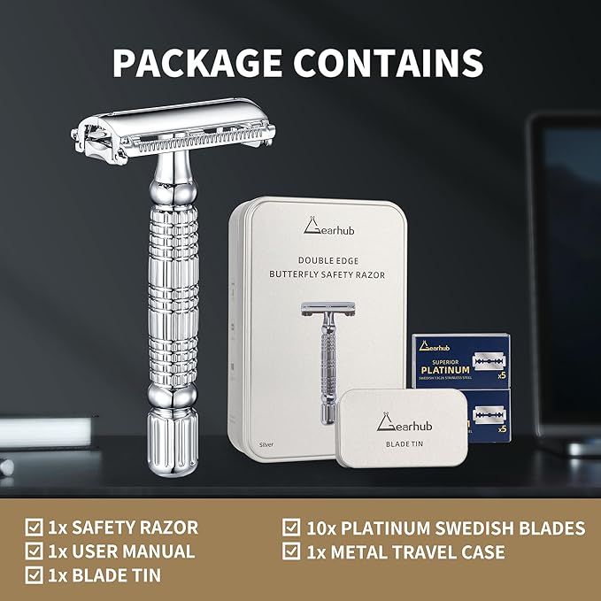 Gearhub Butterfly Double Edge Safety Razor Reusable Stainless Metal Wet Shaving Razor with 10 Swedish Platinum Blades for Men Women Barber Bikini Armpit Hair GR179
