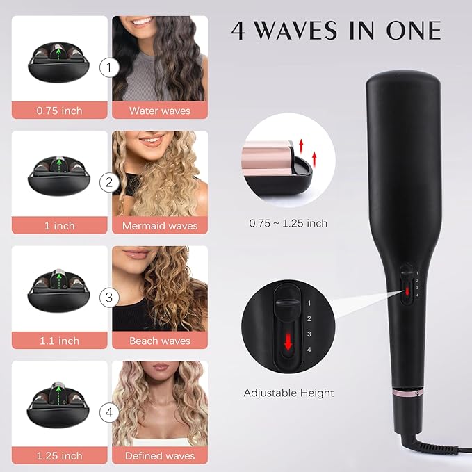 Hair Crimper for Women Beach Waves, Deep Waver Hair Tool for Long Hair, 3 Ceramic Barrel Curling Iron, Adjustable Depths and Temperatures, Dual Voltage
