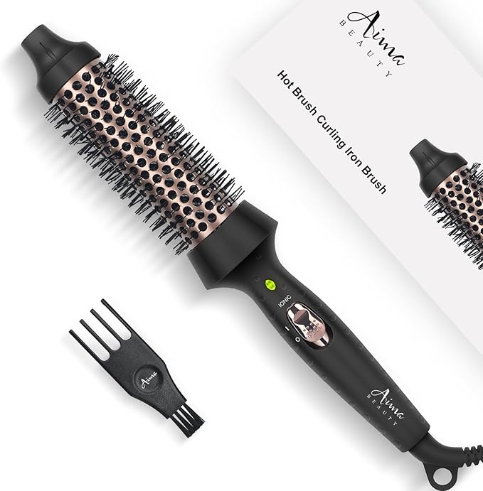 Aima Beauty Thermal Brush, 1.3"/35mm Volumizing Brush Makes Hair Silky Smooth, Ionic Hot Brush Create Smooth & Shiny Loose Curls, Fast Heating, Dual Voltage, 60Mins Auto Shut Down, Black
