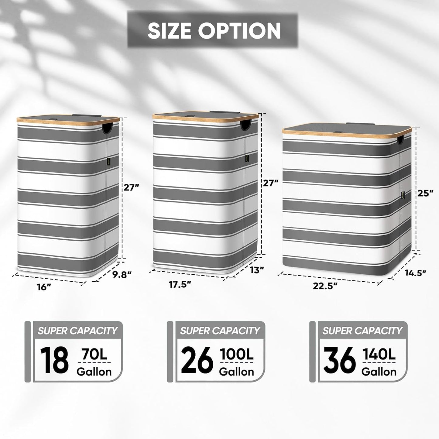 BALEINE Laundry Hamper with Lid, Tall Laundry Baskets with Bamboo Pull Handles, Large Laundry Bin with Internal Support (18 Gal/70L, Grey Stripe)