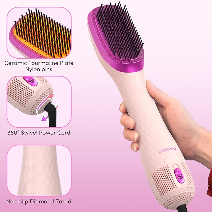 Longyu 3 in 1 Hair Blow Dryer Brush 1200W Negative Ionic Hot Air Brush with Ceramic & Tourmaline Technology One Step Hair Dryer and Styler for Straightening Drying Smoothing (Pink)