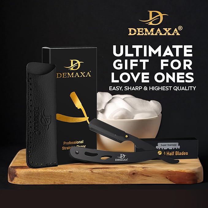 100 Straight Razor Blades with DEMAXA Shavette Straight Razors for Men - Navajas Para Barbero Professional Barber Razor Blade for Close Shaving with soft Pouch - Straight Edge Razors for men