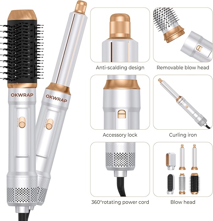 6 in ONE Blow Dryer Brush,Air Curling Iron Round Brush Blow Dryer 800W,Ionic Hair Dryer Brush for Women, Hot Air Brush Hair Styling Tools 100-120V (White Gold)