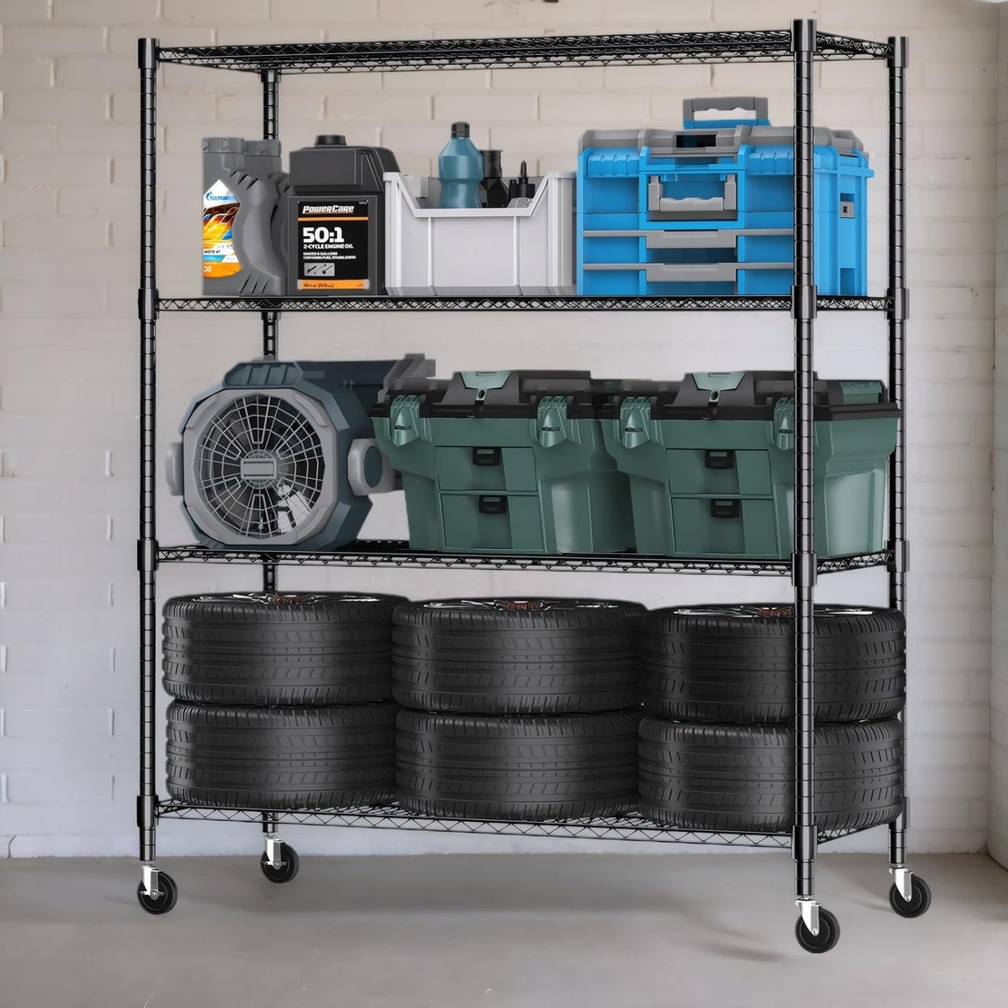 Himimi Storage Shelves 60" W Wire Shelving with Wheels 2600LBS Heavy Duty Metal Shelves for Storage, 4-Tier Adjustable Wire Rack Shelving Garage Shelving Kitchen Storage Shelves 24" Dx60 Wx72H, Black