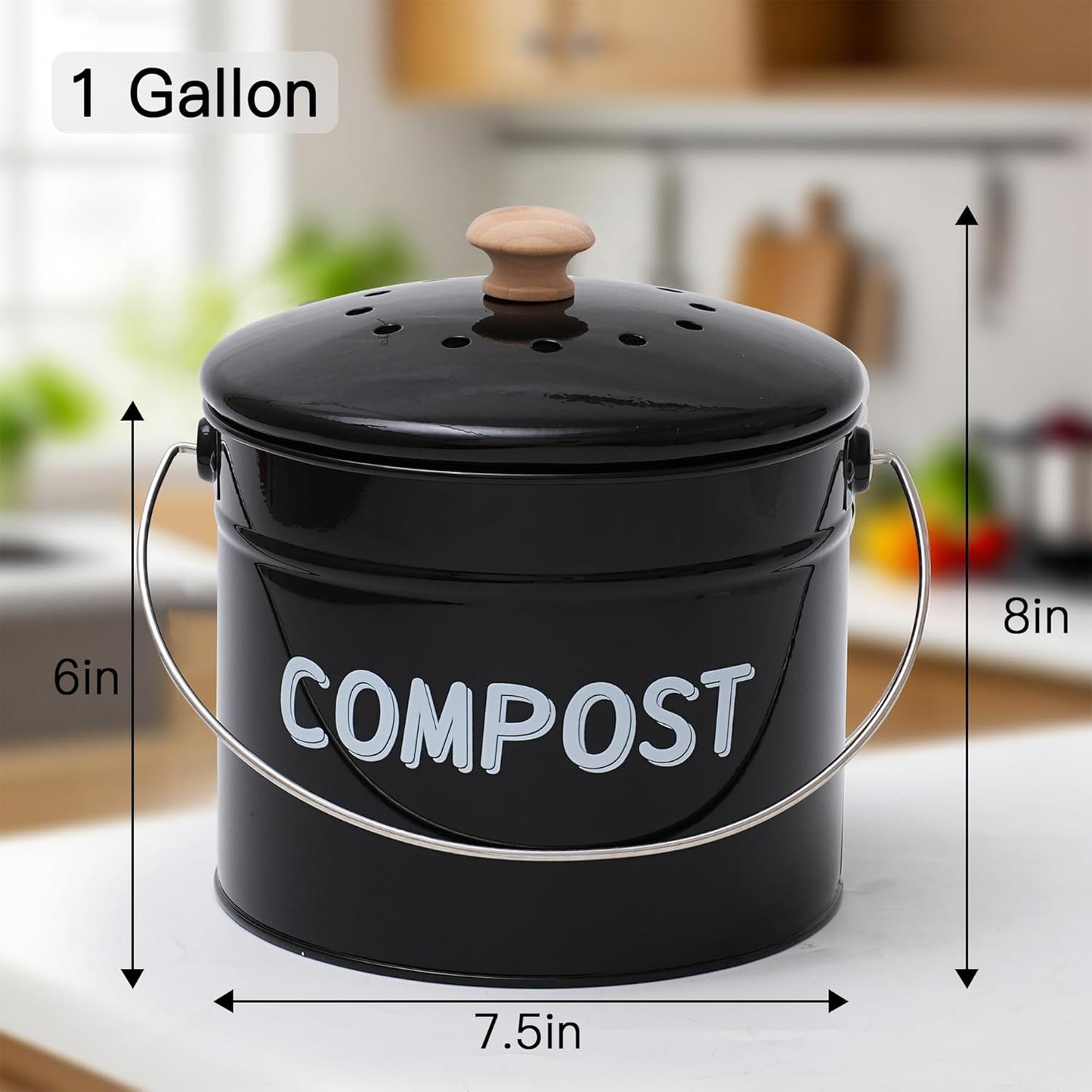 Compost Bin for Kitchen Counter, 1 Gallon Compost Bucket with Lid and Charcoal Filter, Countertop Composter, Rust Proof Indoor Food Waste Bin, Black