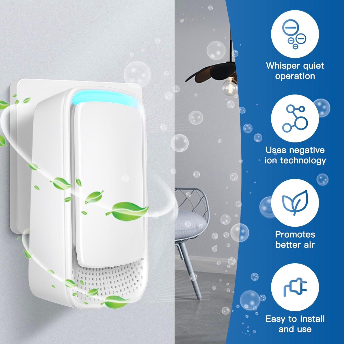 Plug In Air Ionizers - Negative Ion Technology Air Purifier - Quiet Operation Air Freshener for Home, Bedroom, Office, Garage Room - Portable Air Purifiers Odor,Pets Smell - Air Cleaner White (2 Pack）