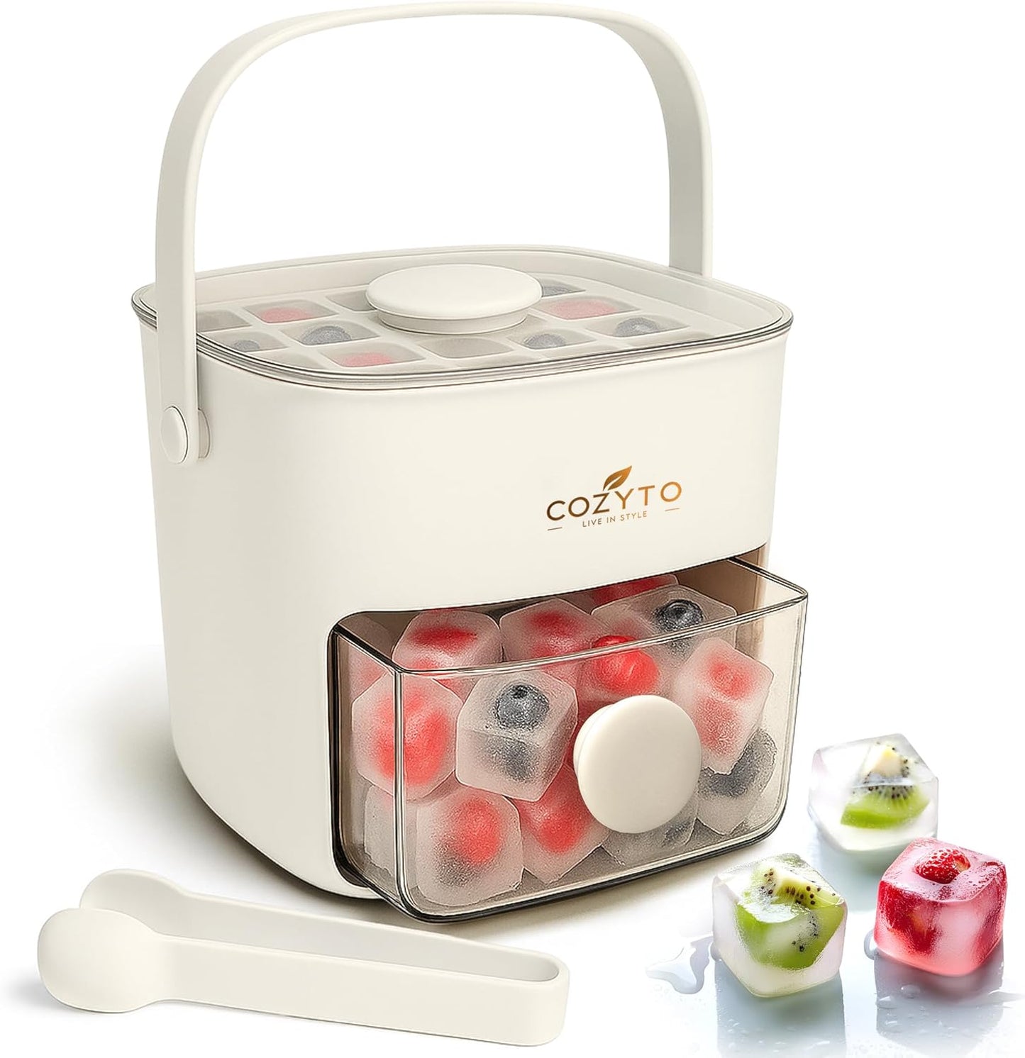 COZYTO CubeGo Ice Cube Tray with Lid and Storage Bin – One-Press Release, 48 Mini Ice Cubes, BPA-Free, Odor-Proof, Includes Scoop – DIY Fruit Ice for Cocktails, Drinks & Smoothies (Cream White)