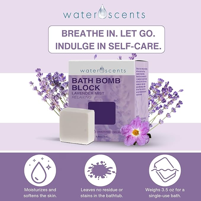 Water Scents Lavender Mist Bath Bomb Block | Vegan, Cruelty-Free & Natural | Lavender Aromatherapy Bath Bomb for Stress Relief & Moisturizing | Handmade Spa Gift for Women, 3.5 oz (6pks)