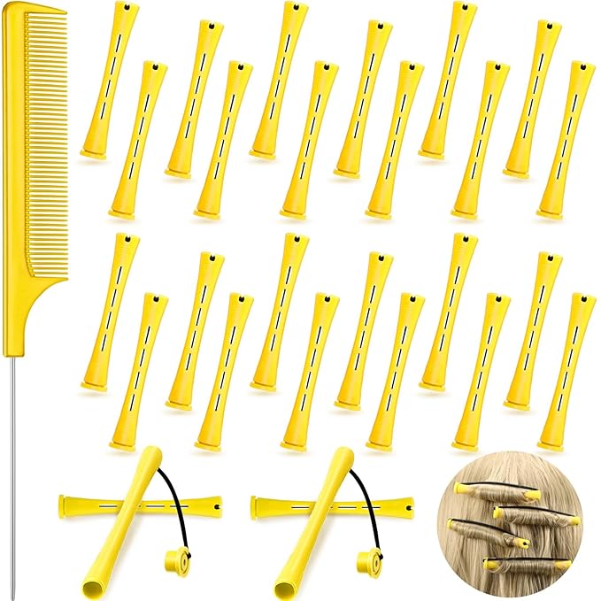 24 Pieces Hair Perm Rods Plastic Cold Wave Perming Curlers Hair Rollers with Steel Pintail Comb Rat Tail Comb Tools for Hairdressing Styling(Yellow,0.28 Inches)