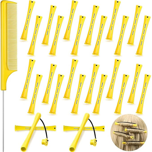 24 Pieces Hair Perm Rods Plastic Cold Wave Perming Curlers Hair Rollers with Steel Pintail Comb Rat Tail Comb Tools for Hairdressing Styling(Yellow,0.28 Inches)