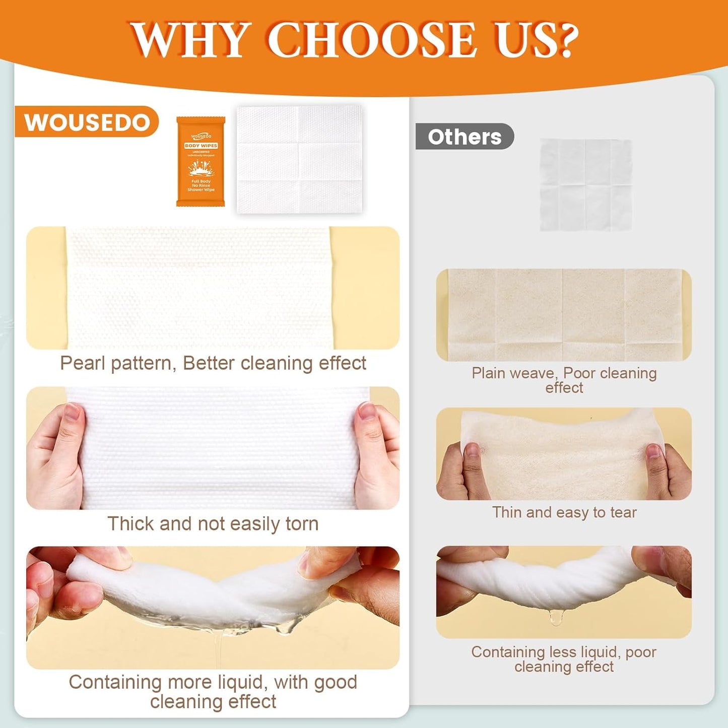 300 Pcs Ultra Thick Soft Large Body Wipes Individually Wrapped(7.87" x 9.45"),Shower Wipes for Adults Bathing No Rinse,Personal Cleansing Wipes for Travel Gym,Bulk Deodorant for Homeless(Orange)