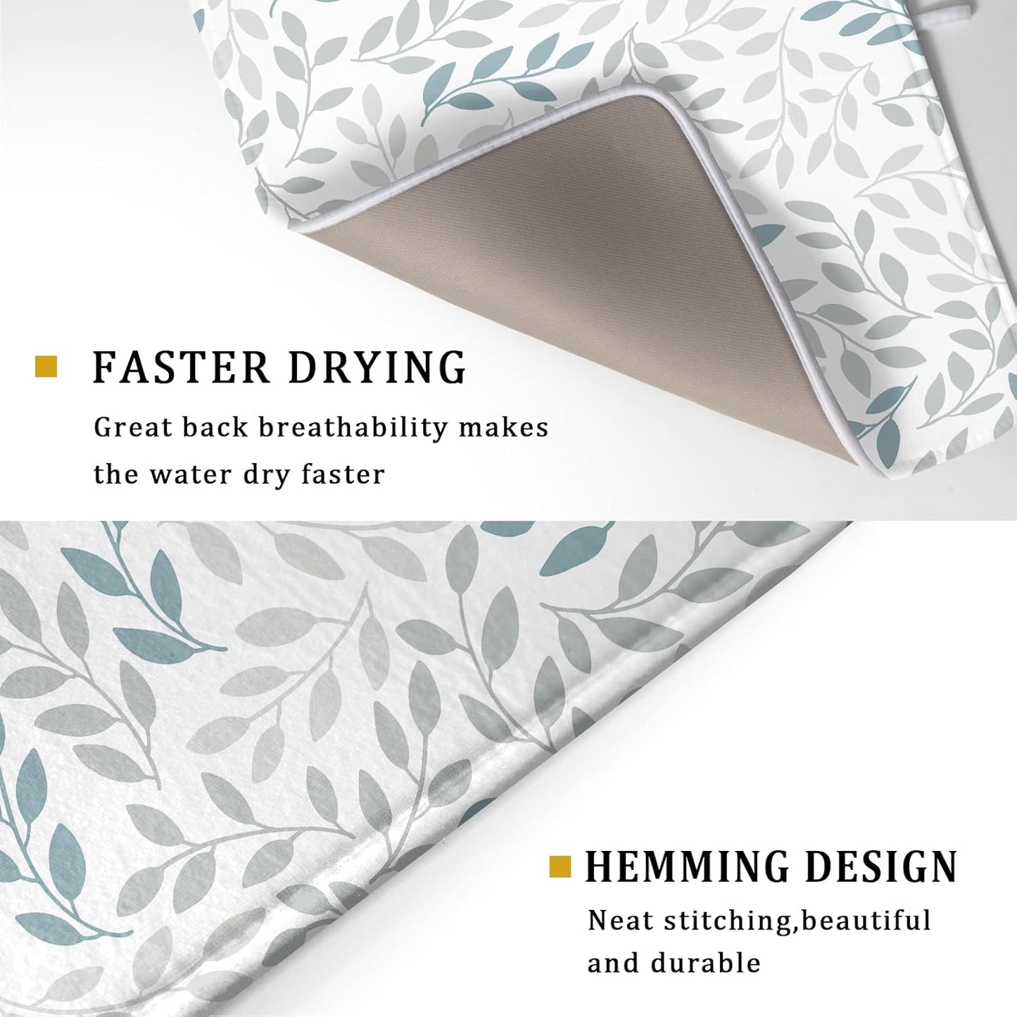 Dish Drying Mats for Kitchen Counter 16x18inch，Grey and Blue Leaves branches Dish Drying Mat for Kitchen Dishes Pad Dish Drainer Rack Mats Absorbent Fast Dry Kitchen Accessories