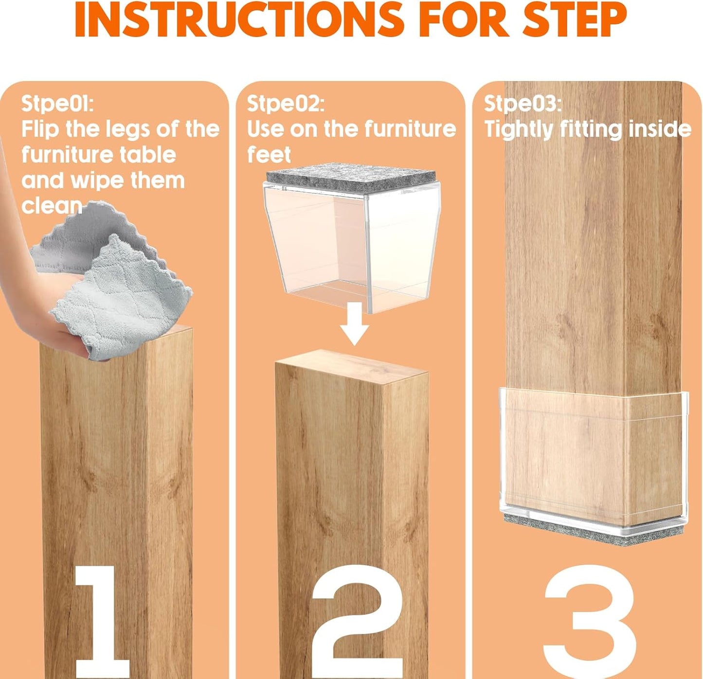 Rectangle Chair Leg Protectors for Hardwood Floors,16 PCS Silicone Covers to Protect Wood Tile Floors Felt Pads Furniture Leg Caps Reduce Noise. Easy to Move.(Clear,1 x 3 Inch,Rectangular)