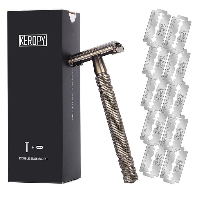 Premium Brass Double Edge Safety Razor - Anti-Rusted Mens Butterfly Razor with 10 Blades - Heavy Brass Construction, Beginner Friendly Wet Shaving Single Blade Razor Kit - Bronze