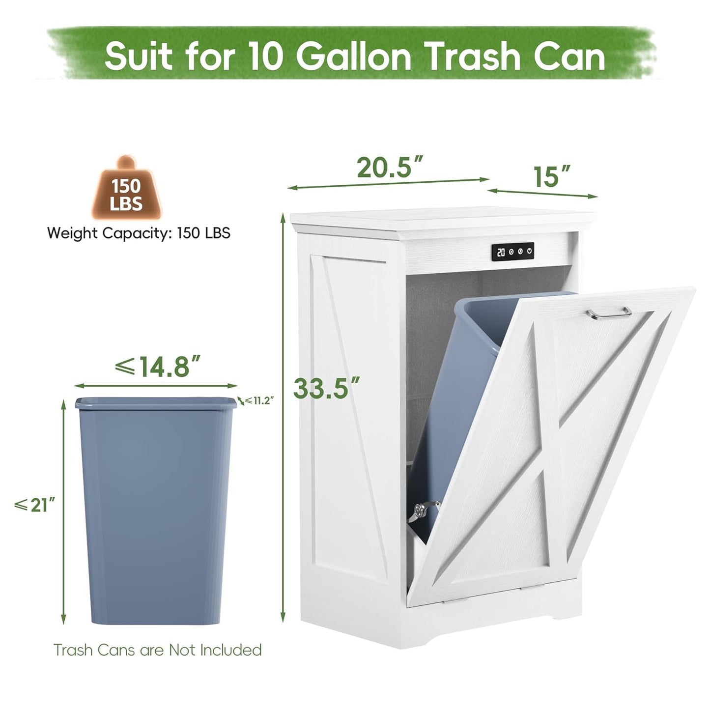 Betterhood Tilt Out Trash Can Cabinet, Hidden Trash Bin with Deodorizing & Negative Ion System, Pet-Proof Kitchen Waste Cabinet for Kitchen, Dining Room, Living Room (White, 1 * 10 Gallons)