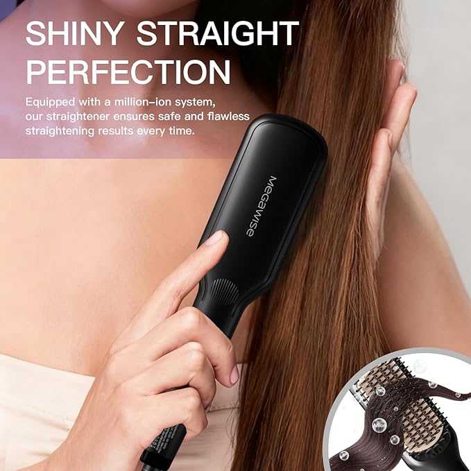 MEGAWISE Pro Ceramic Ionic Hair Straightener Brush for Home Salon | MCH Fast 20s Heating Tech with Auto-Off Safety | Anti-Scald with Universal Dual Voltage | Rotatable Power Cord