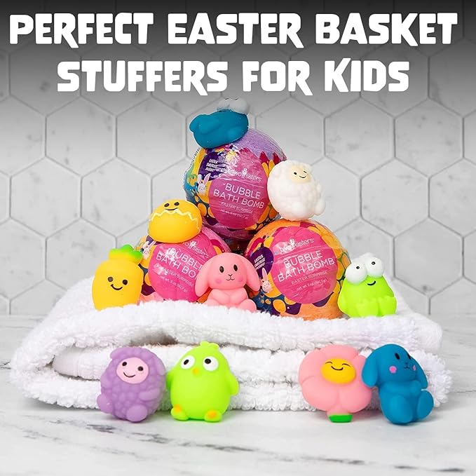 Easter Bath Bombs for Kids with Surprise Squishy Toys Inside (1 Pack) - Easter Basket Essentials and Stuffers - Releases Bubbles & Colors, Moisturizing, Large Bath Bomb for Girls & Boys by Two Sisters