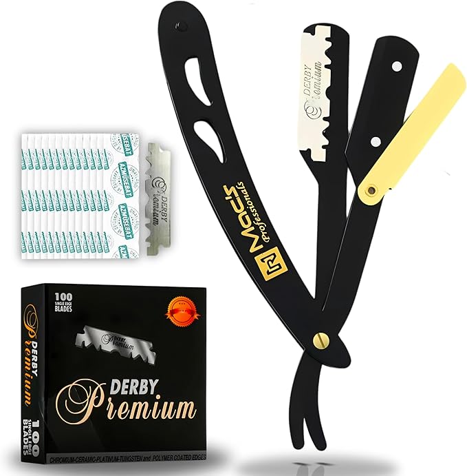 PROFESSIONAL B&G STRAIGHT Edge SHAVING RAZORS,with Black Premium Derby 100 Count Blades-Easy Blades Replacement Mechanism-100% Stainless Steel Macs-049BGP1 (B & G with Black Premium Blades)