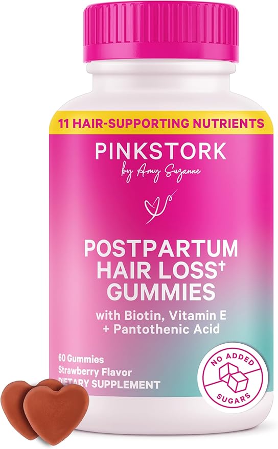 Pink Stork Postpartum Hair Loss Gummies | Biotin, Pantothenic Acid, Vitamin E, B6, B12 | Postnatal Hair Growth + Regrowth Support for New Moms | Breastfeeding-Friendly | 60 Gummies