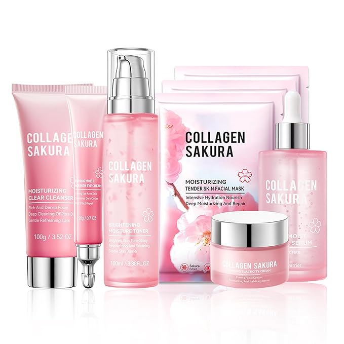 8PCS Sakura Skin Care Set,Hydrating Skin Care Kit Gift Set for Women and Girls,Moisturizing Skincare Set Facial Kit with Cleanser,Face Serum,Face Masks,Facial Cream,Toner and Eye Cream
