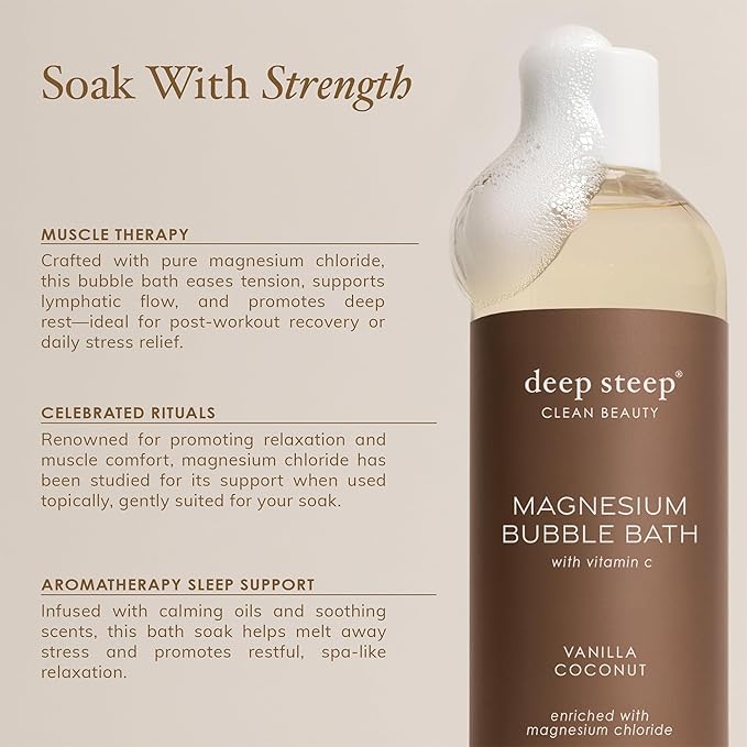 Deep Steep Magnesium Bubble Bath, 15.6 oz – Foaming Soak with Magnesium, Coconut Oil, Aloe, Vitamin C, Shea Butter & Argan Oil – Vegan, Clean Beauty for Stress & Sleep (Brown Sugar Vanilla)