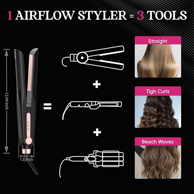 SKIMI Airflow Styler, Titanium Flat Iron Hair Straightener, Professional Curling Iron with Cooling Air Vents to Lock in Style, 5 Temps & Dual Voltage, Auto Off (Black & Blush Gold).