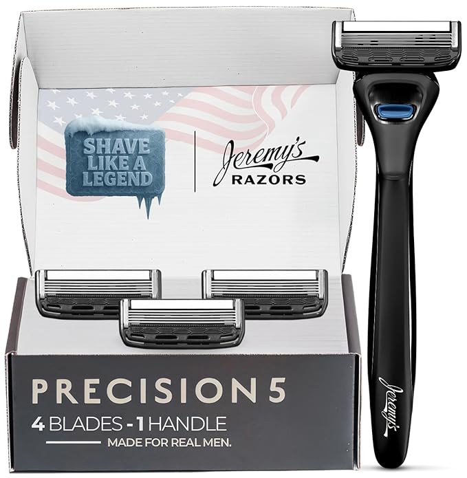 Jeremy's Razors for Men: Precision 5 Blade Razor - Stainless Steel Blades, Lubricating Strip, Precision Trimmer - Men's Shaving Kit, Travel Face Body Head Shavers (1 Razor 4 Cartridges)