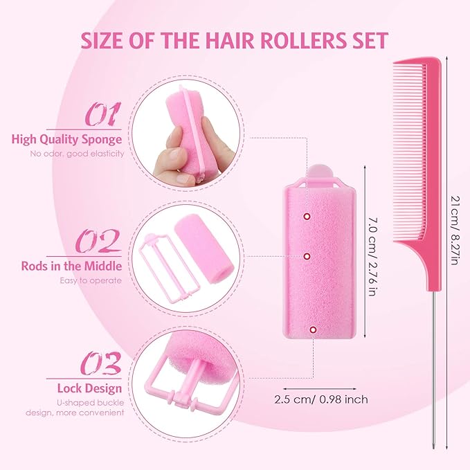 Syhood 48 Pcs Foam Sponge Hair Rollers Soft Sleeping Curlers Flexible Sponge Curler and Rat Tail Comb for Women Hairdressing Styling(Pink,0.98 inch)