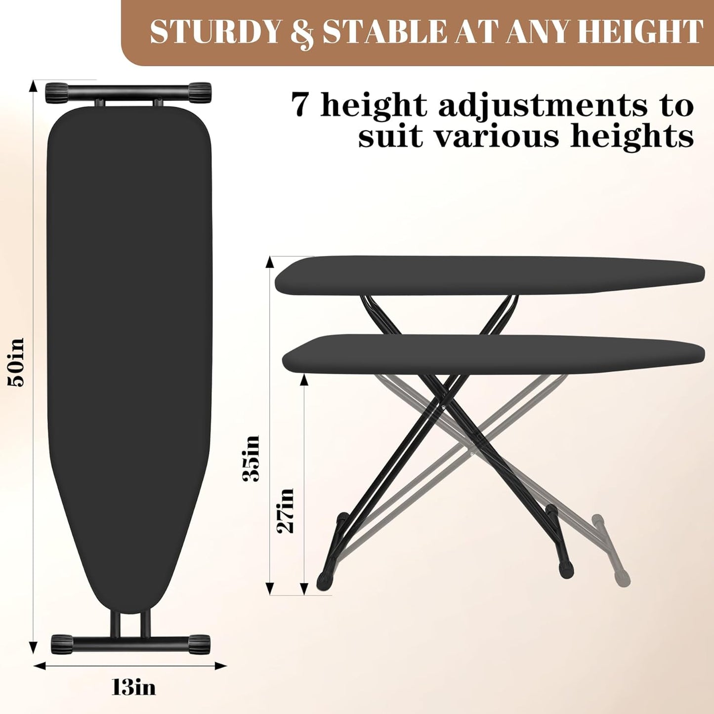 Ironing Board, Compact and Space Saver,Size 13 x 43, Metal Construction Ironing Board with Extra Thick Heavy Duty Padded, Stable Structure,Skid Feet, Heavy Duty Steel Legs,Black