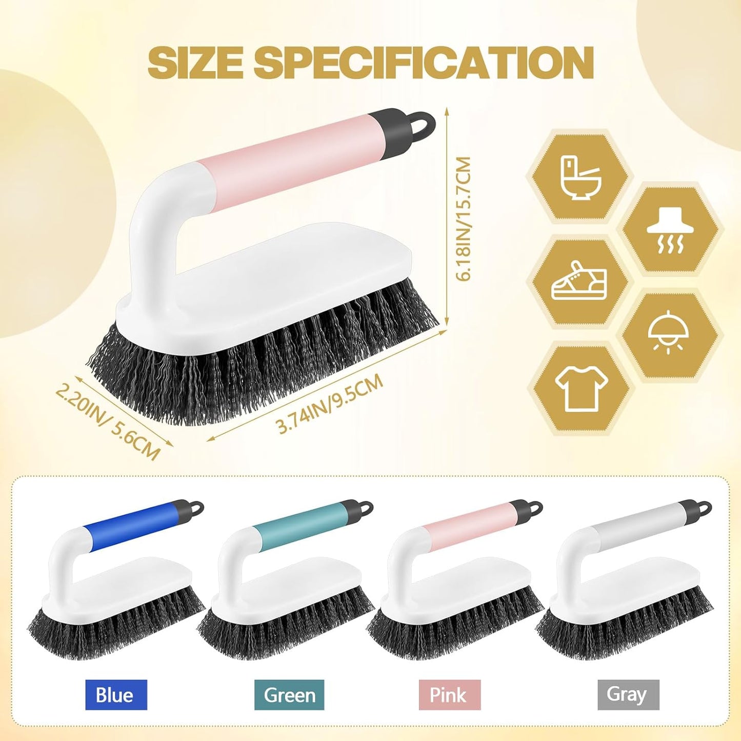 16 Pack Scrub Brush Heavy Duty Cleaning Brushes with Handle Stiff Bristles Scrub Brush Bulk for Shower Bathroom Carpet Kitchen Bathtub Scrubber, Grey, Blue, Green, Pink