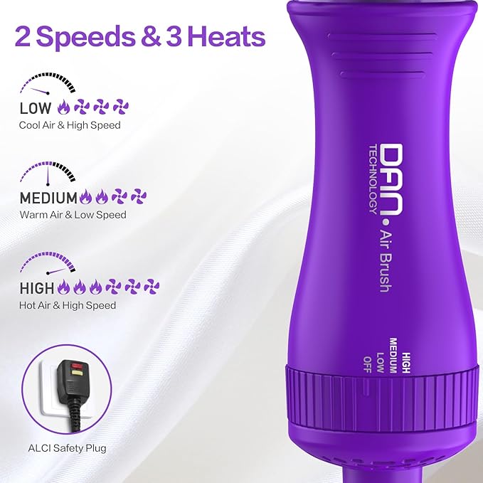 Dan Technology Blow Dryer Brush Hair Dryer Brush Hot Air Blowout Brush 120V 3 Speeds Oval Shape Volumizer Straightener Brush Faster Drying Mini Size Lightweight (Purple)