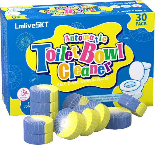 Automatic Toilet Bowl Cleaner Tablets, 30-Pack Long-Lasting Toilet Tank Cleaner for Bathroom, Blue Water Freshener, Prevents Stains & Odor, Safe for All Toilets (30, Blue and yellow)
