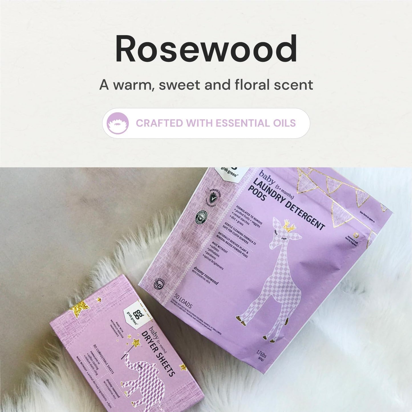 Grab Green Baby Laundry Detergent Pods and Dryer Sheets Bundle, 50 Count Pods and 80 Dryer Sheets, Dreamy Rosewood Scent, Plant and Mineral Based Laundry Care Set