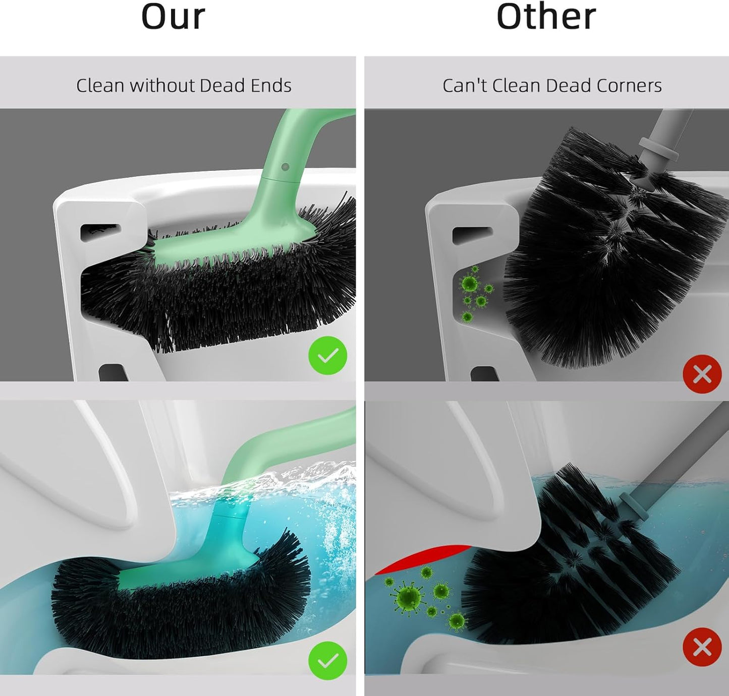 HAMITOR Toilet Bowl Brush Holder Set: Bathroom Deep Cleaning Toilet Cleaner Scrubber Under Rim with Curved Bristle for Dead Corner Clean - Hidden Rv Toilet Decorative Accessories with Caddy- Green