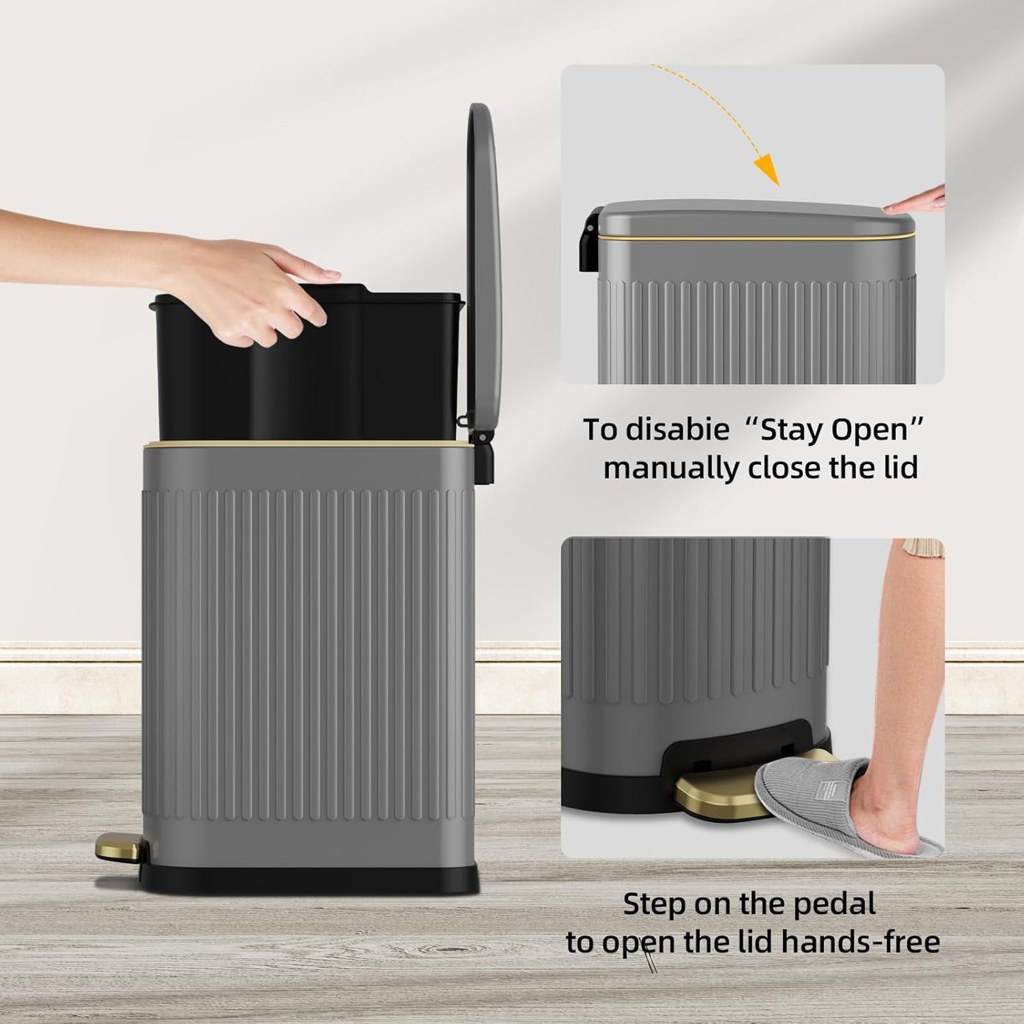 KUK Slim Bathroom Trash Can with Lid, 2.6 Gallon (10 L) Stainless Steel Step Small Garbage Can with Removable Inner Bucket, Soft Close, Anti-Fingerprint Finish (Gray)