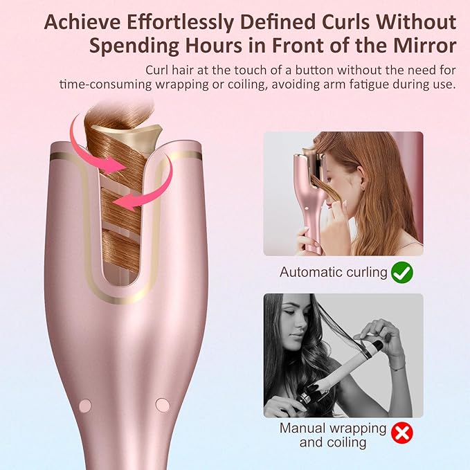 Automatic Curling Iron, Hair Curler 1" Large Slot, 4 Temperature Settings, 12s-19s Timers, Dual Voltage, Anti-Scald, Anti-Tangle, Auto Shut-Off, LCD Display, Fast Heating Easy for Use, Pink