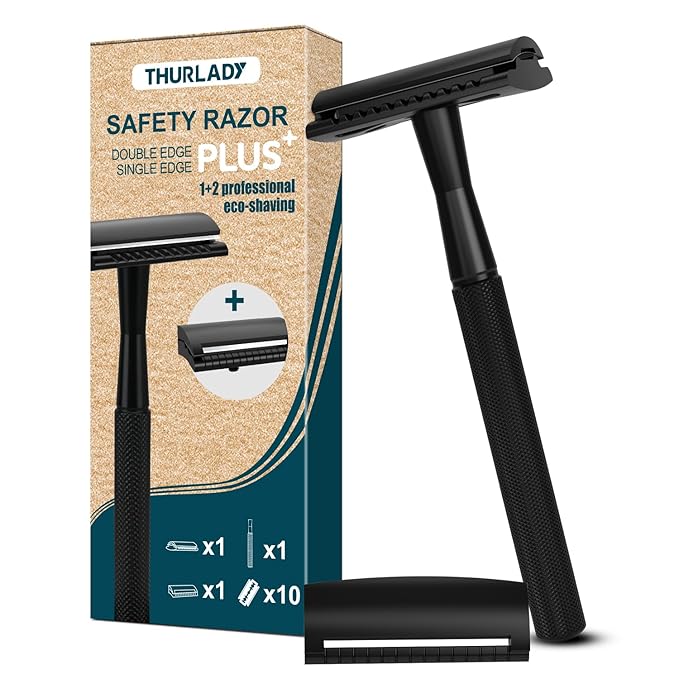 Safety Razor - Single Blade Razors for Men - Reusable Metal Razor, with 10 Double Edge Blades, Smooth Close Gentle Shave, Plastic Free, Matte Black