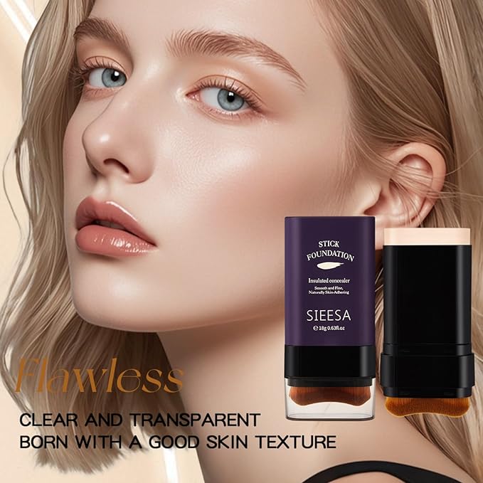 Korean Dual Ended Foundation Stick with Brush, 2 in 1 Concealer Foundation Stick & Contour Makeup, Hydrating Formula - Lightweight, Waterproof, Covers Blemishes (Ivory White)