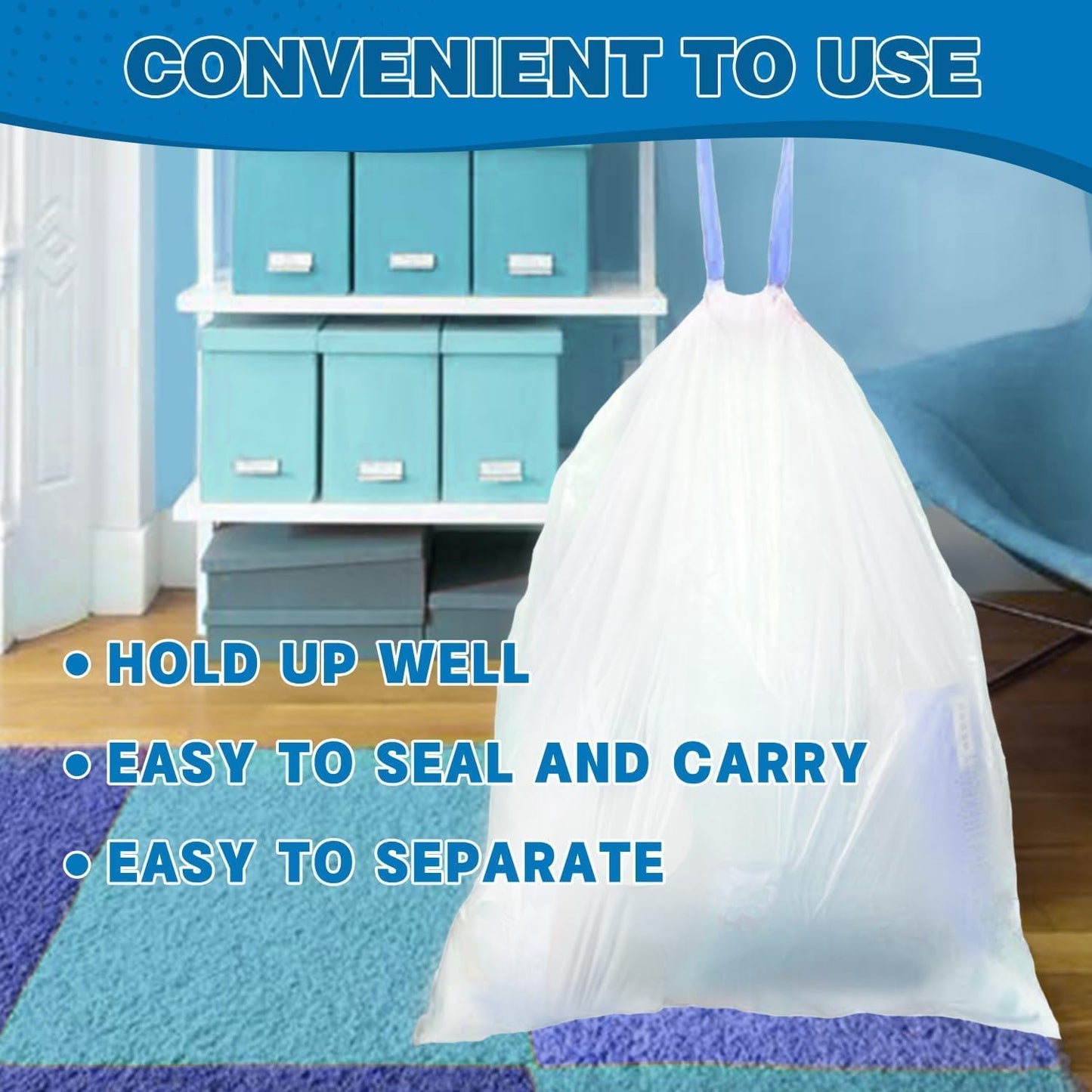 10-13 Gallon Trash Bags Drawstring 1.2 Mil - White Garbage Bags Unscented,37.8 Liter Strong Can Liners for Kitchen Home Office Bathroom,52 Count