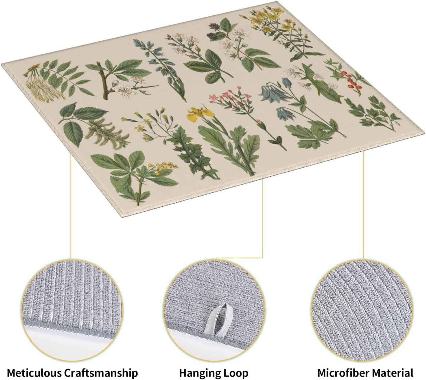 Vintage Color Plants Herbs Floral Microfiber Dish Drying Mat For Kitchen Countertop Absorbent Reversible Drainer Rack Pad 18 X 16 Inch