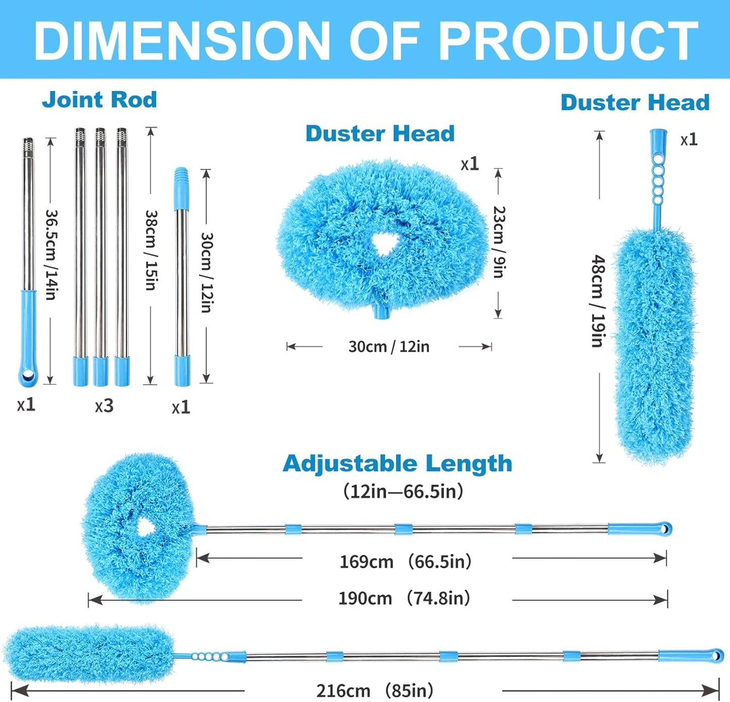 Ceiling Fan Cleaner Duster Reusable Microfiber Removable Duster with Extension Pole Adjusts 12 to 71 Inch for Cleaning Walls Bookshelves Furniture Door Window Top (Blue)