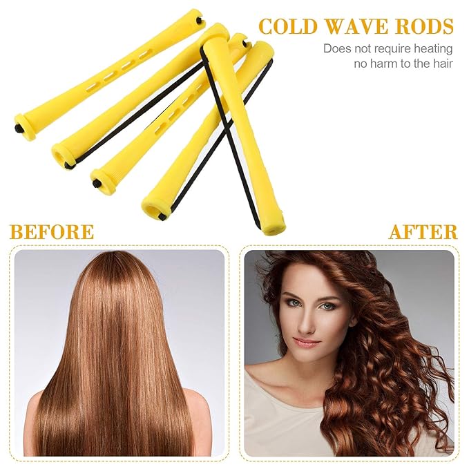24 Pieces Hair Perm Rods Plastic Cold Wave Perming Curlers Hair Rollers with Steel Pintail Comb Rat Tail Comb Tools for Hairdressing Styling(Yellow,0.28 Inches)