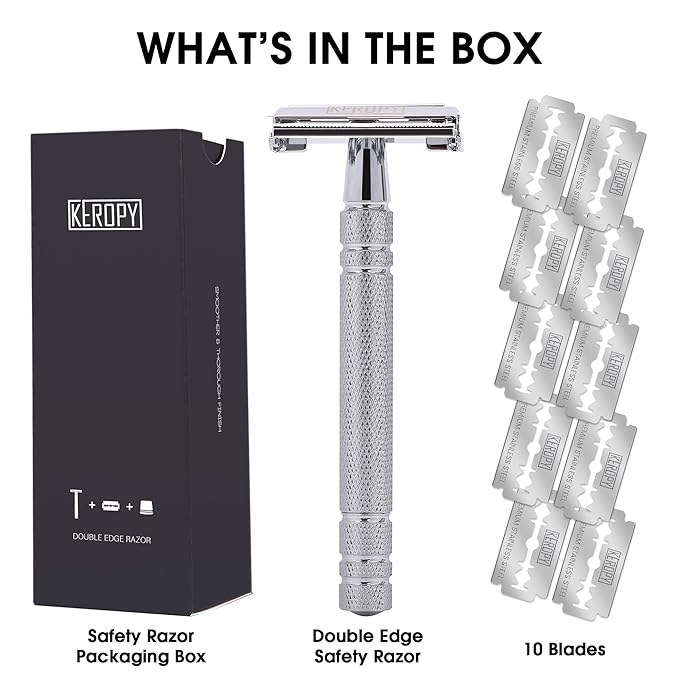Professional Heavyweight Butterfly Safety Razor for Men - Stainless Steel Single Blade Double Edge De Razor Long Handle with 10 Double Edge Blades - Wet Shaving Kit - Mirror Polished Silver