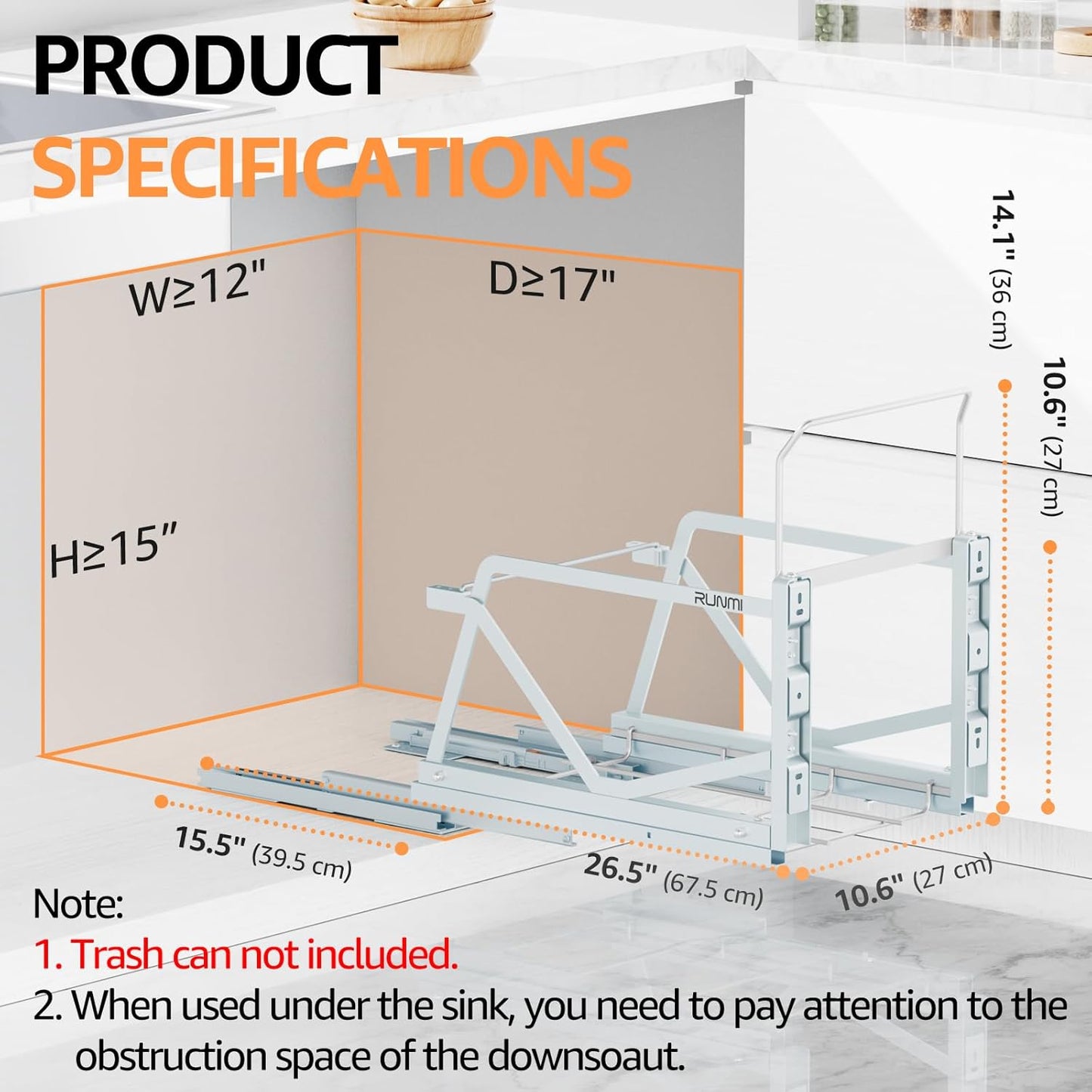 Pull Out Trash Can Under Cabinet Kit with Soft-Close Slides,Twin-Mode Under Sink Trash Can Pull Out for Kitche Sink Drawer,Requires Minimum Cabinets Opening 12" W X 18" D(Trash Can Not Included)